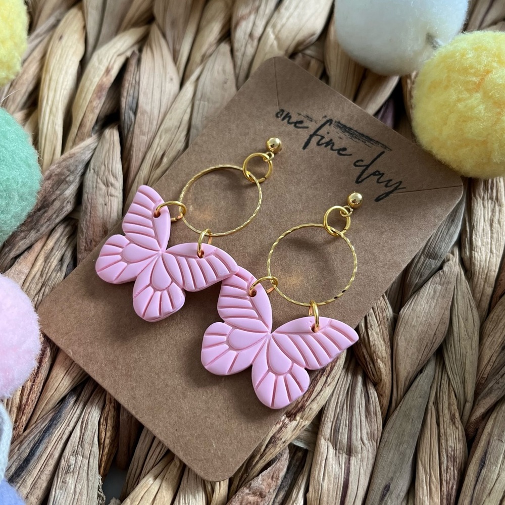 Butterfly Clay Dangle Earrings in Pastel Pink